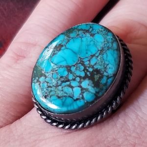 Vintage Estate LG Spiderweb Bisbee Turquoise Sterling Silver Ring Sz 6.5 J-513